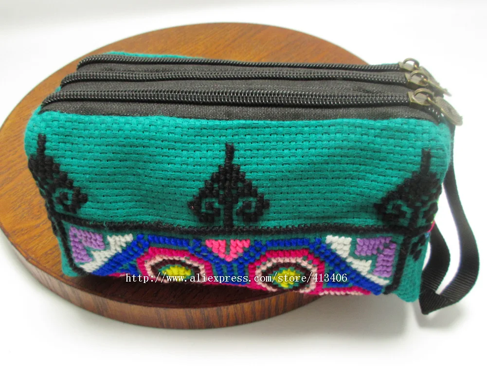 Green 3-Layer Wristlet Vintage Hmong Thai Indian Embroidered Fashionable Clutch Purse Boho Hippie Ethnic Cosmetic Bag SYS-438G