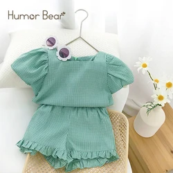 Humor Bear Summer Girls Clothing Set Holiday Beach Plaid Bubble Sleeve Top+Ruffle Shorts 2Pcs Children Outfits