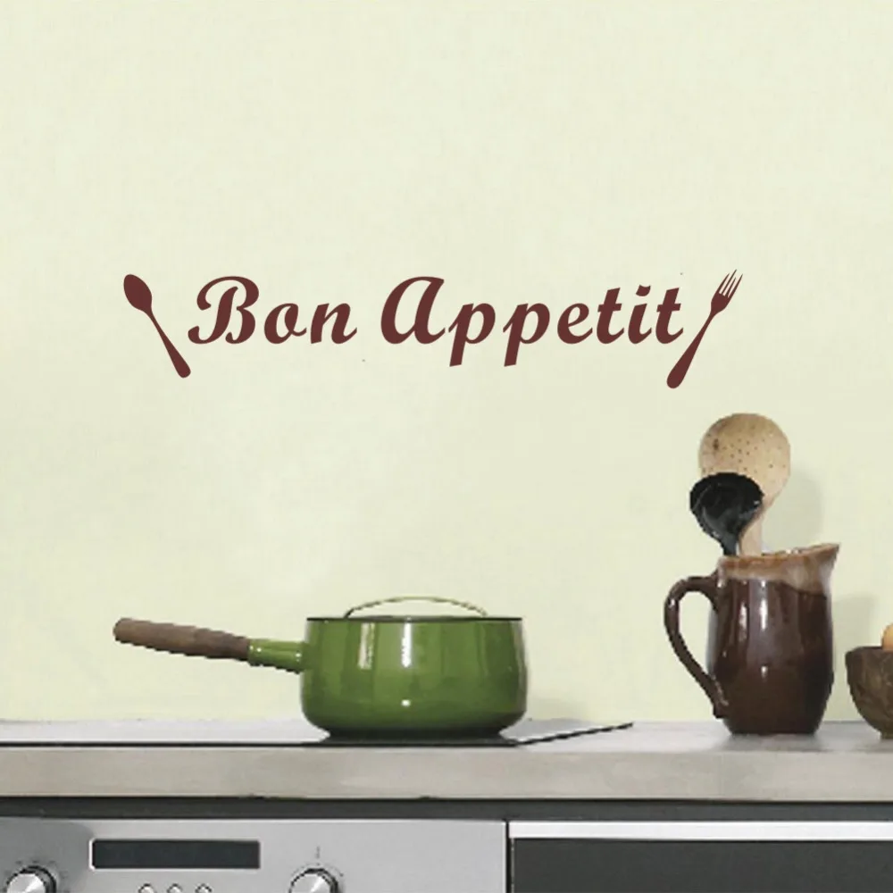 Bon Appetit With Spoon And Fork Wall Sticker French Quote Wall Decals Kitchen Decoration Waterproof Removable Home Decor Poster