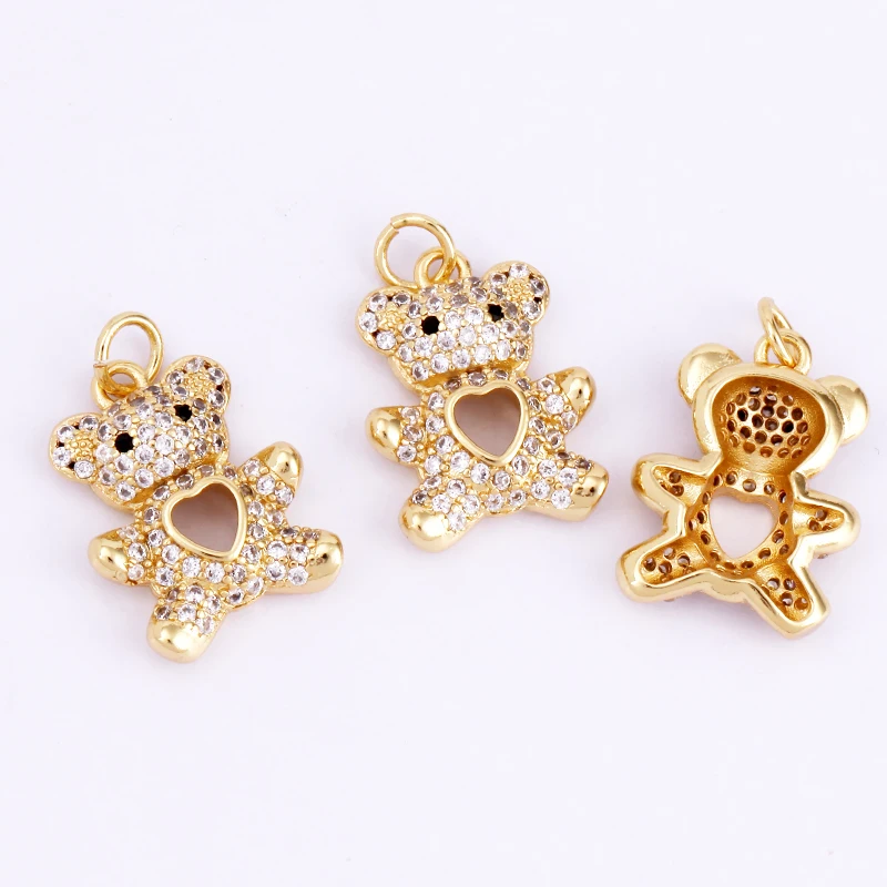 Niedlicher Bären-Charm-Anhänger in Goldfarbe, mit Perlen besetzt, mit Zirkonia CZ gepflastert, Schmuck, Halskette, Armband, Großhandel, Zubehör M85 – Detail 15