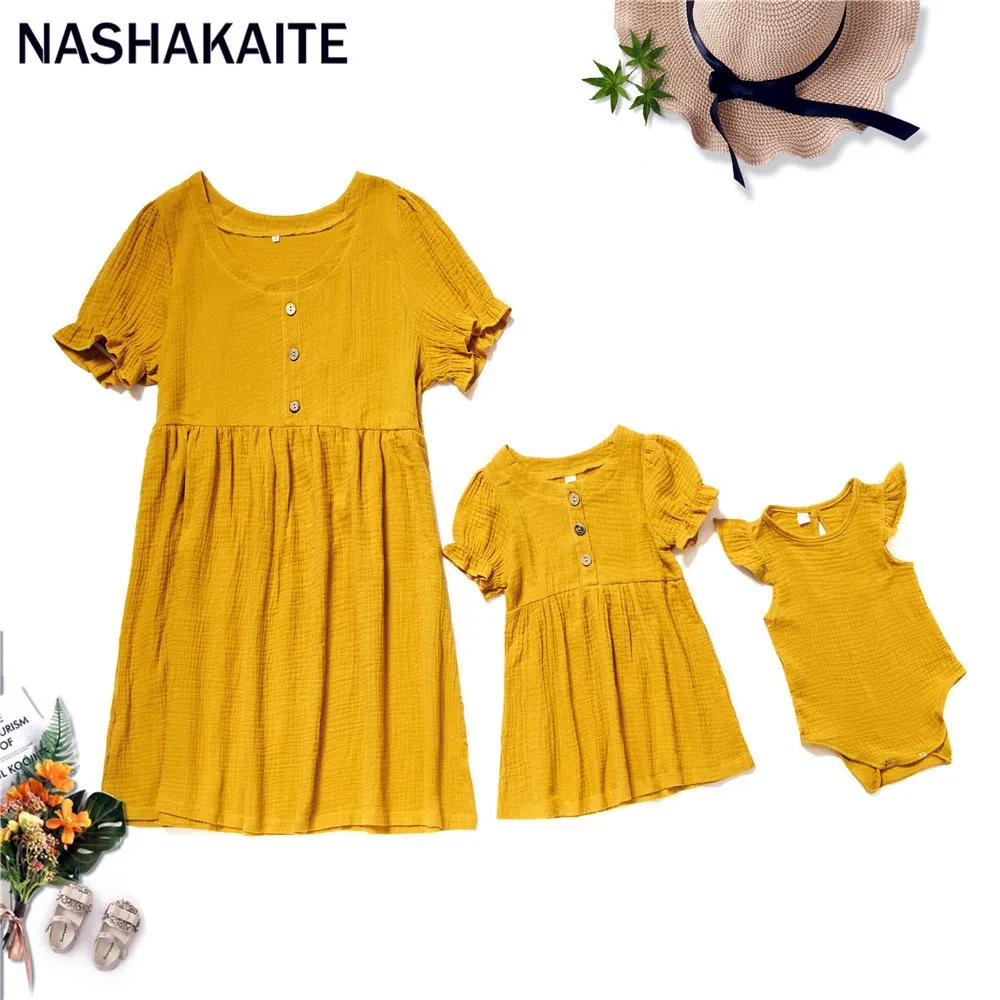 NASHAKAITE  Family Look Mother and daughter clothes Solid Ginger Button Deco Mom and Daughter Dress Same Clothes Family