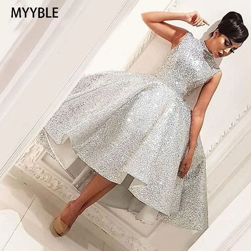 Fashion High Neck Short Prom Dresses Silver Sleeveless Knee Length Ball Gown Knee Length Formal Party Gown vestido Customized