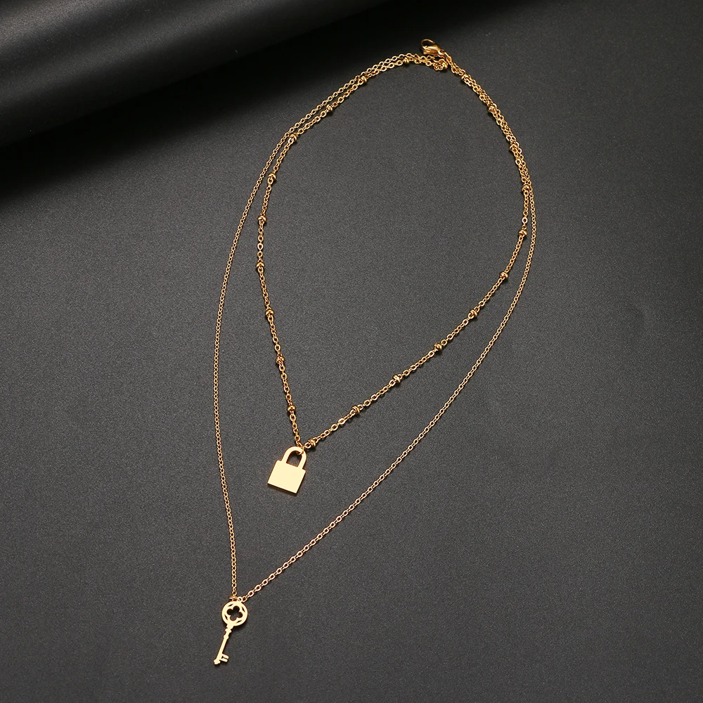 القلائد الفولاذ المقاوم للصدأ قلادة الموضة متعدد الطبقات نمط قفل مفتاح مطرز سلسلة قلادة للنساء مجوهرات هدايا صديق الحفلات #4