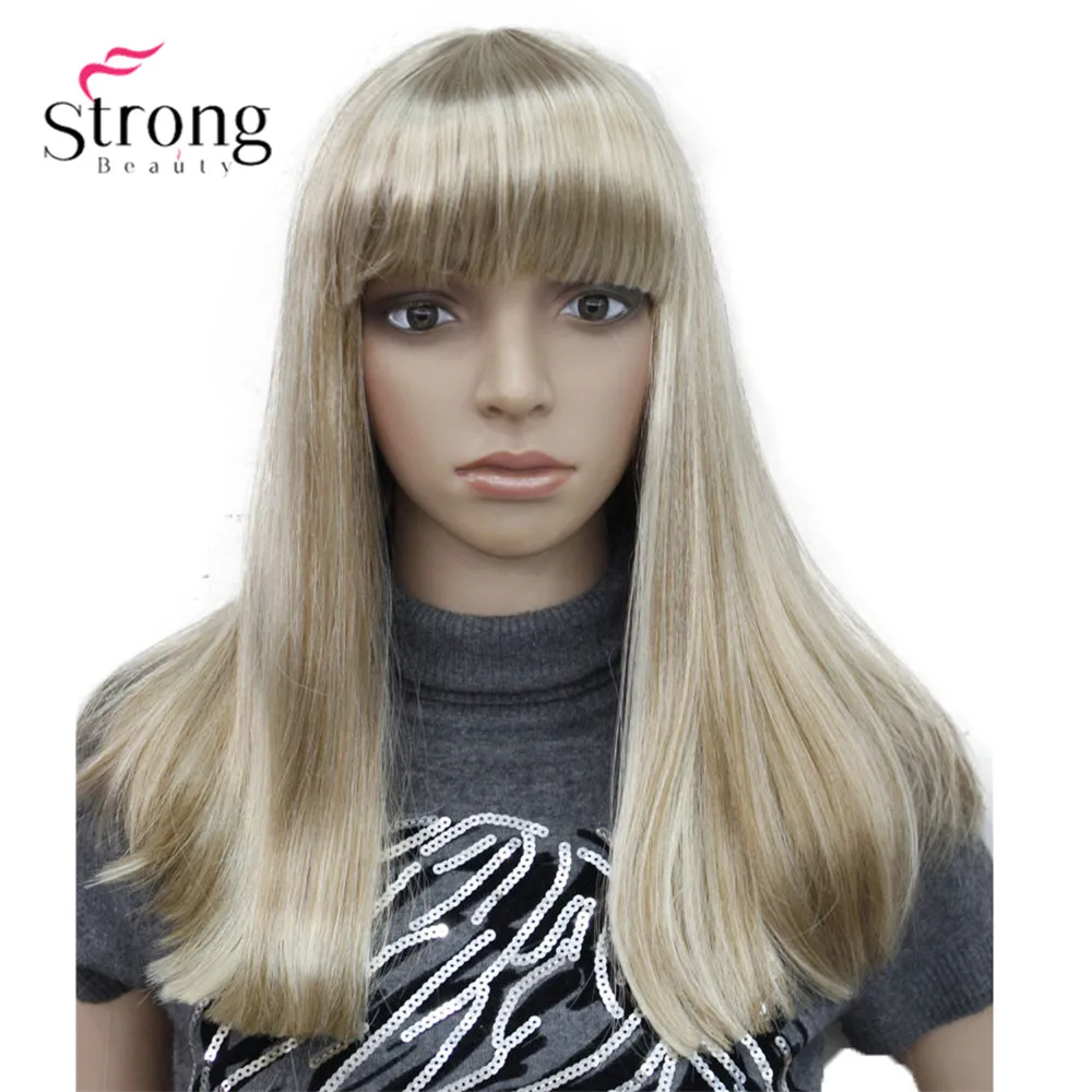 StrongBeauty damskie peruki syntetyczne włosy czarne/blond długie proste schludny Bang styl Natura peruka