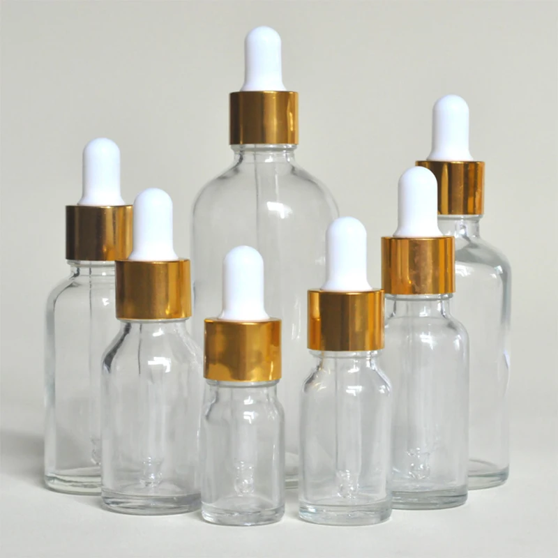 10pcs/lot 5ml to 100ml lab clear round glass Refined oil bottle with glass droppers golden circle for school experiment