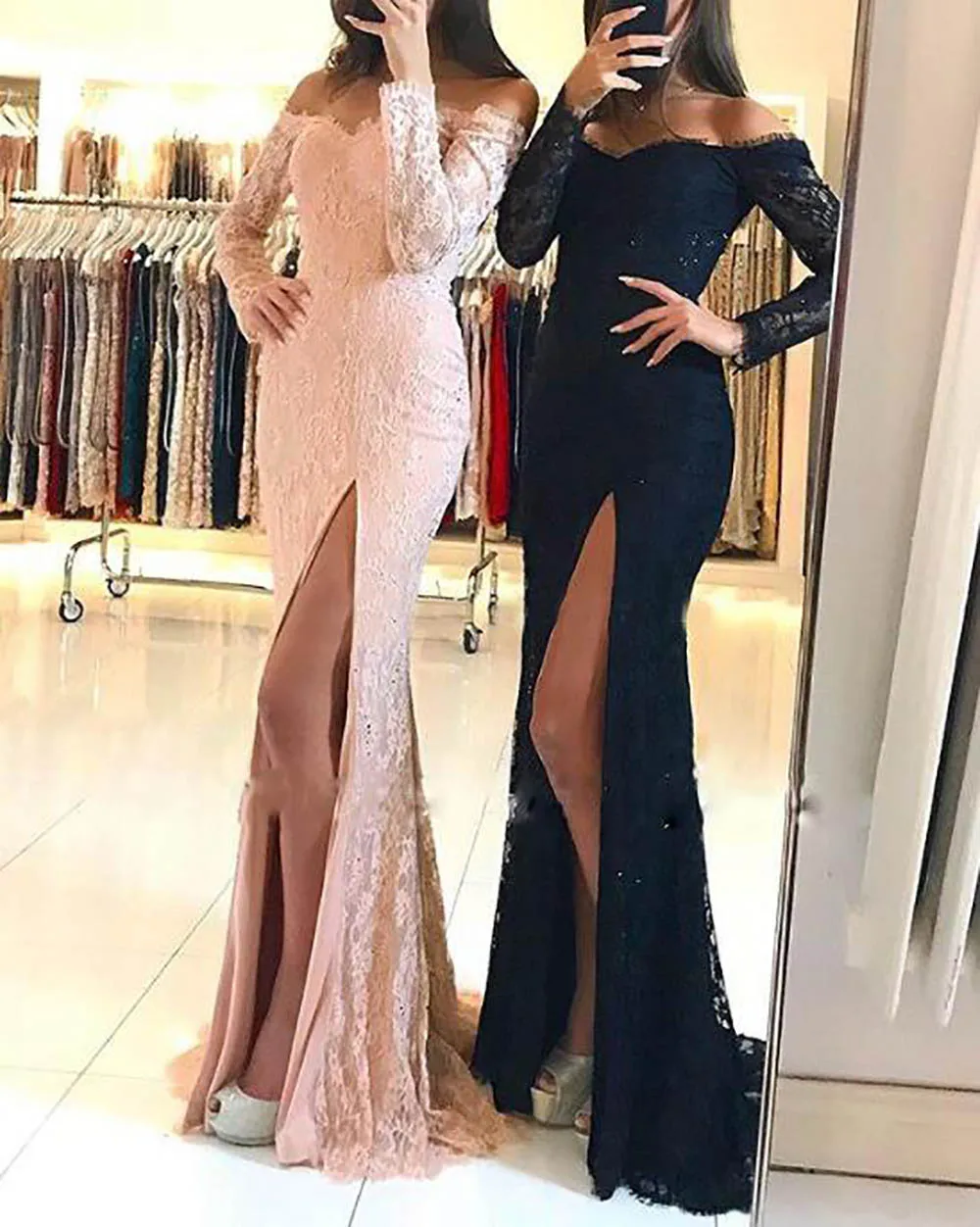 

Formal Custom Girls Pageant Thigh-High Slits Prom Party Gown Long Sleeve Off-Shoulder Sweetheart Black Mermaid Evening Dresses