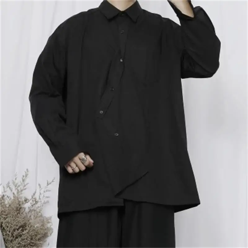 Men's Casual Long Sleeve Shirt New Fashion Spring Dark Asymmetric Button Fashion Loose Long Sleeve Shirt