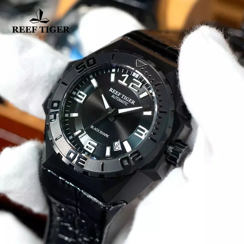 Reef Tiger/RT Men Sports Watches All Black Automatic Mechanical Watch Leather Strap 100M Waterproof Military Watches