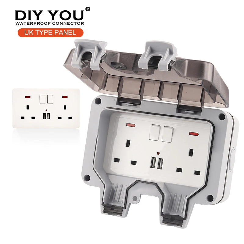 

IP66 UK Standard Waterproof Outdoor Wall Switch Suitable For large plug Power Double Socket With USB For Home Garden Plug Outlet