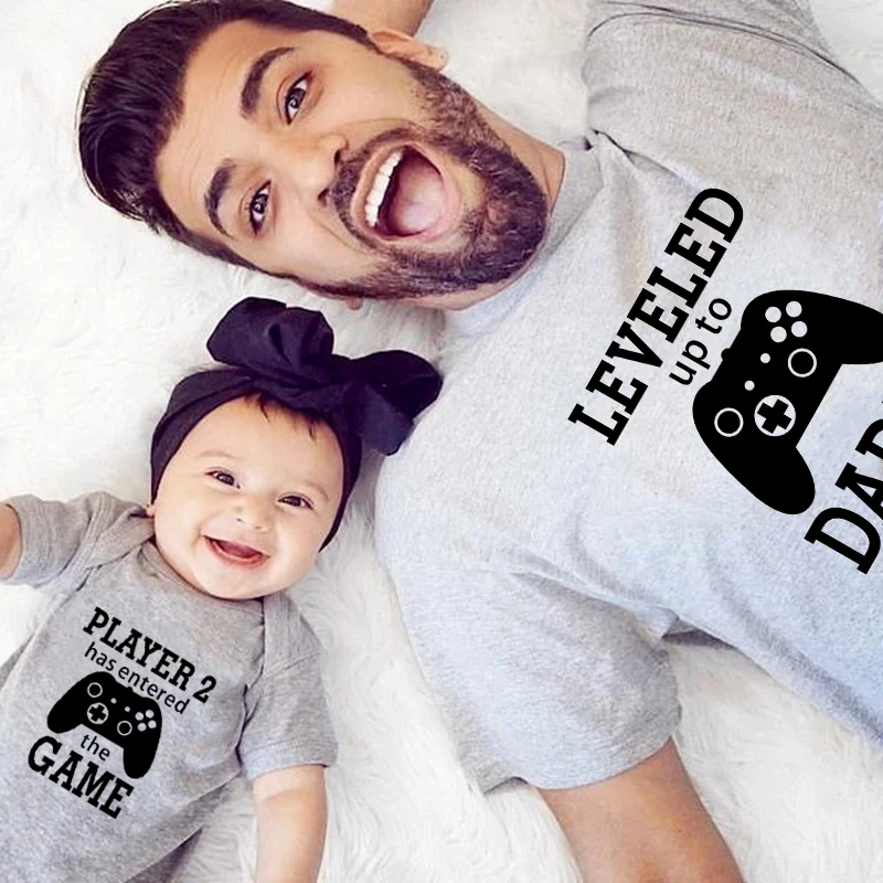 Leveled Up To Daddy Player 2 Has Entered The Game Funny Family Matching Clothes Cotton Daddy and Me Tshirt Father\'s Day Gift