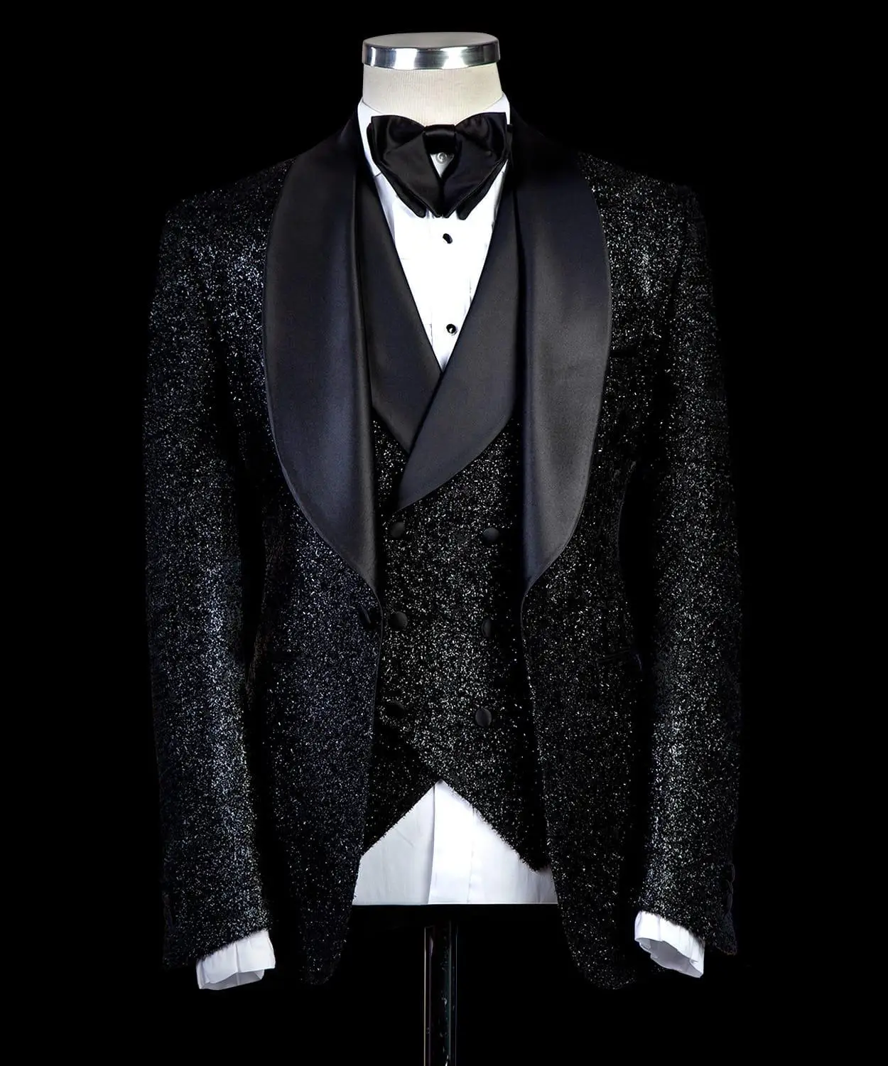 Glitter เลื่อมสีดำ Mens เจ้าบ่าวชุดแต่งงาน Blazer Tuxedos อย่างเป็นทางการพรหมกางเกงเสื้อแจ็คเก็ต3ชิ้น