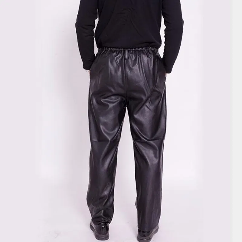 Winter Men\'s Faux Leather Pants PU Work Windproof Keep Warm Casual Chaparejos Trousers Elastic Waist Men Clothing