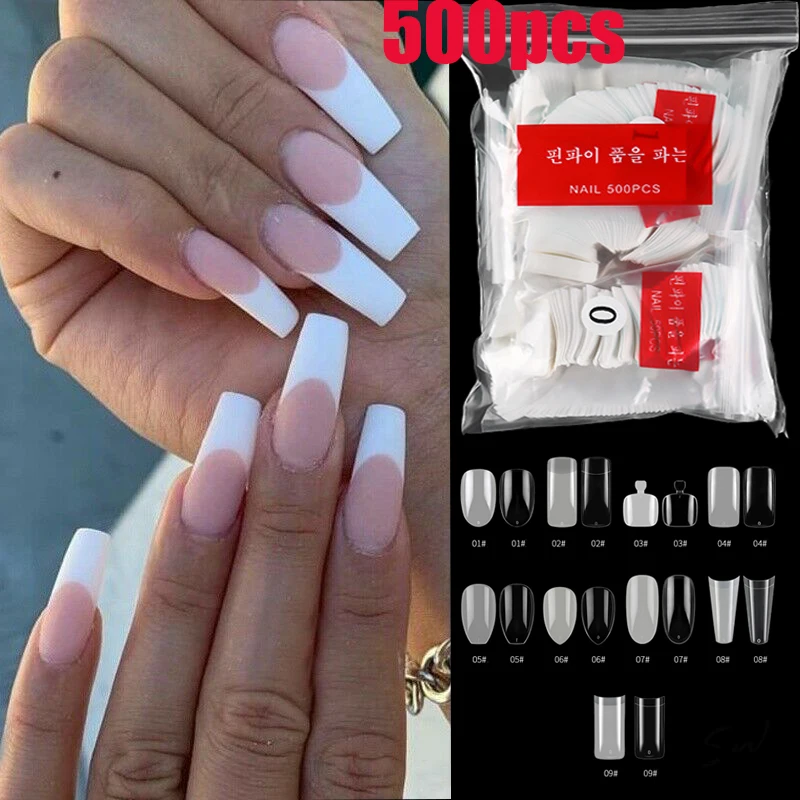 500pcs/bag  transparent white false nails long French hand and toe false nails manicure nail art decoration clear nail tips