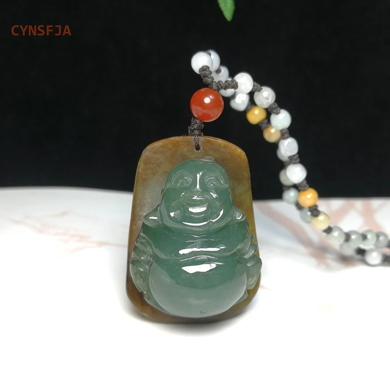 CYNSFJA Real Rare Certified Natural A Burmese Emerald Jadeite Lucky Amulet Buddha Myanmar Jade Pendant Yellow Green Hand -Carved