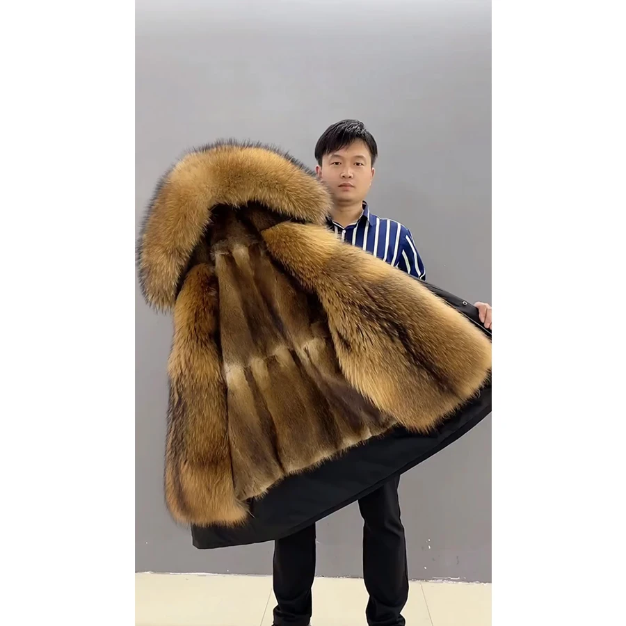 Real Raccoon Fur Hooded Parka Men Winter Warm Muskrat Fur Liner Jacket 2024 New Arrivals Fur Coat