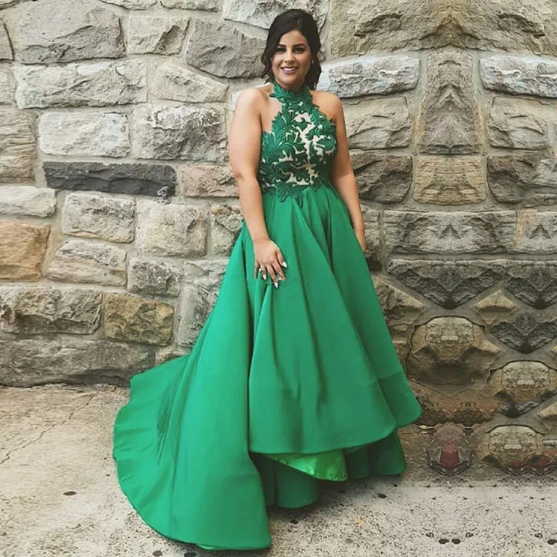 Verde esmeralda vestidos de baile 2025 alta pescoço apliques rendas baixo verde formatura vestido formal festa à noite sem costas