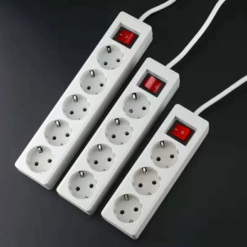 EU Standard German Type Power Strip 3/4/5 Sockets in Row Flat Adapter Light Switch with Surge Protector Extension Cable