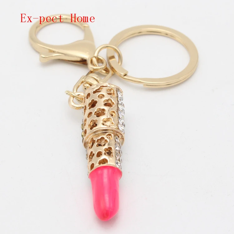 FREE SHIPPING BY DHL 120pcs/lot Fashion Metal Rhinestone Lipstick Shaped Keychains Novelty Lipstick Pendant Keyrings for Women