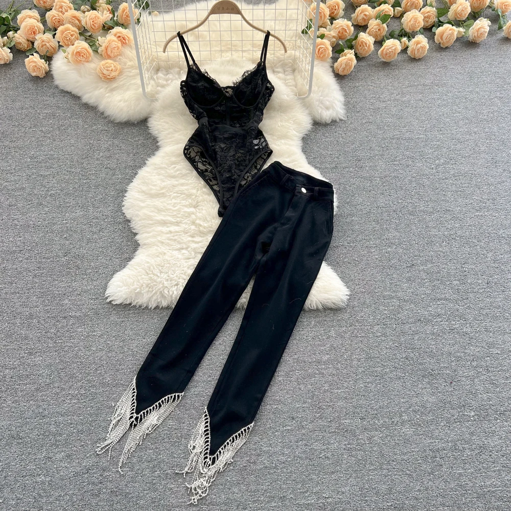 

Autumn Two Piece Set Women Lace Suspender vest Ladie's inner lap And High-Waist Trousers splicing tassel Set Suit Casual Sets