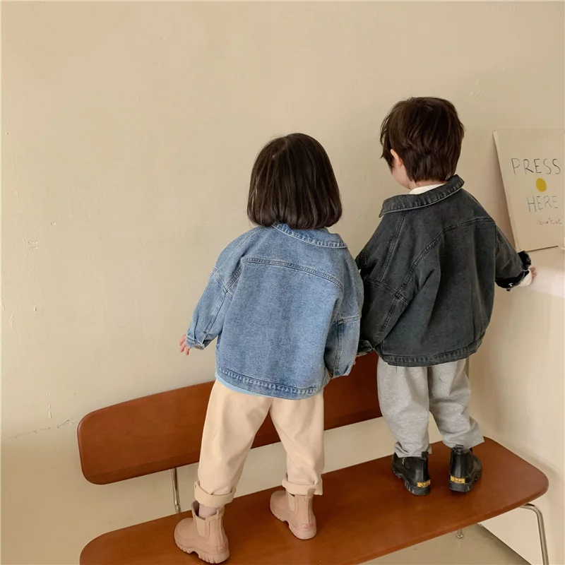 Spring Fall Boys and girls Casual All-match Denim Jackets 2-6 Years Kids Turn-down Collar Long Sleeve Coat Children Loose Tops