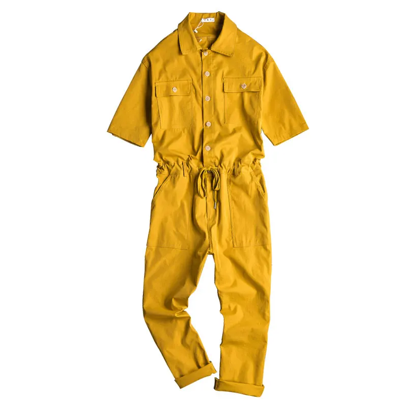 Summer Overalls Men Jumpsuit Cotton Lapel Short Sleeve Ankle Length Hip Hop Streetwear Black Yellow Pants Loose Leisure Trousers