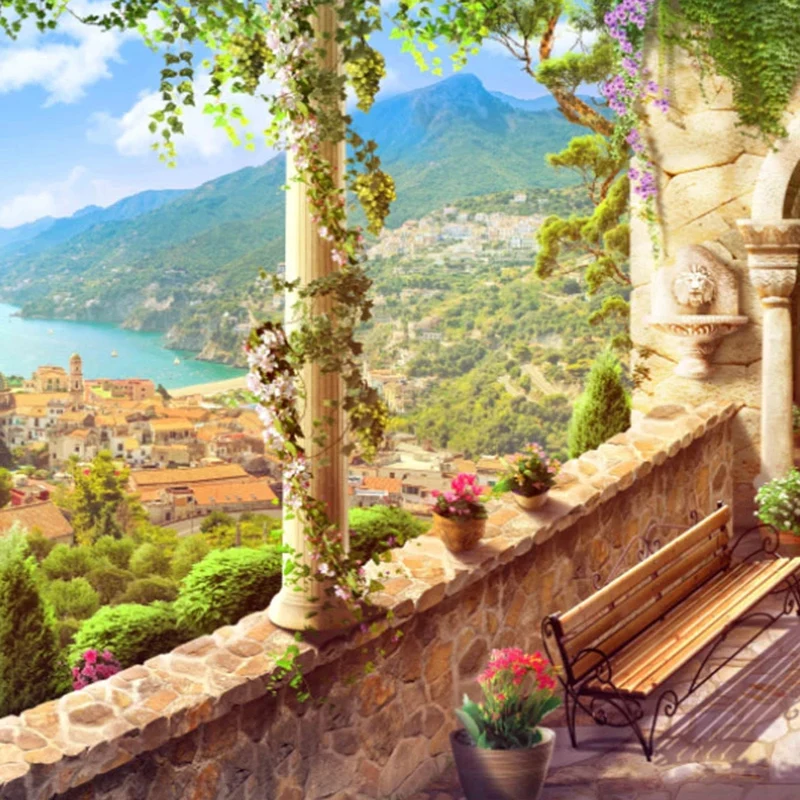 Papel tapiz fotográfico 3D estéreo ventana paisaje marino Ciudad Europea murales de paisaje sala de estar sofá TV Fondo pared decoración del hogar Póster