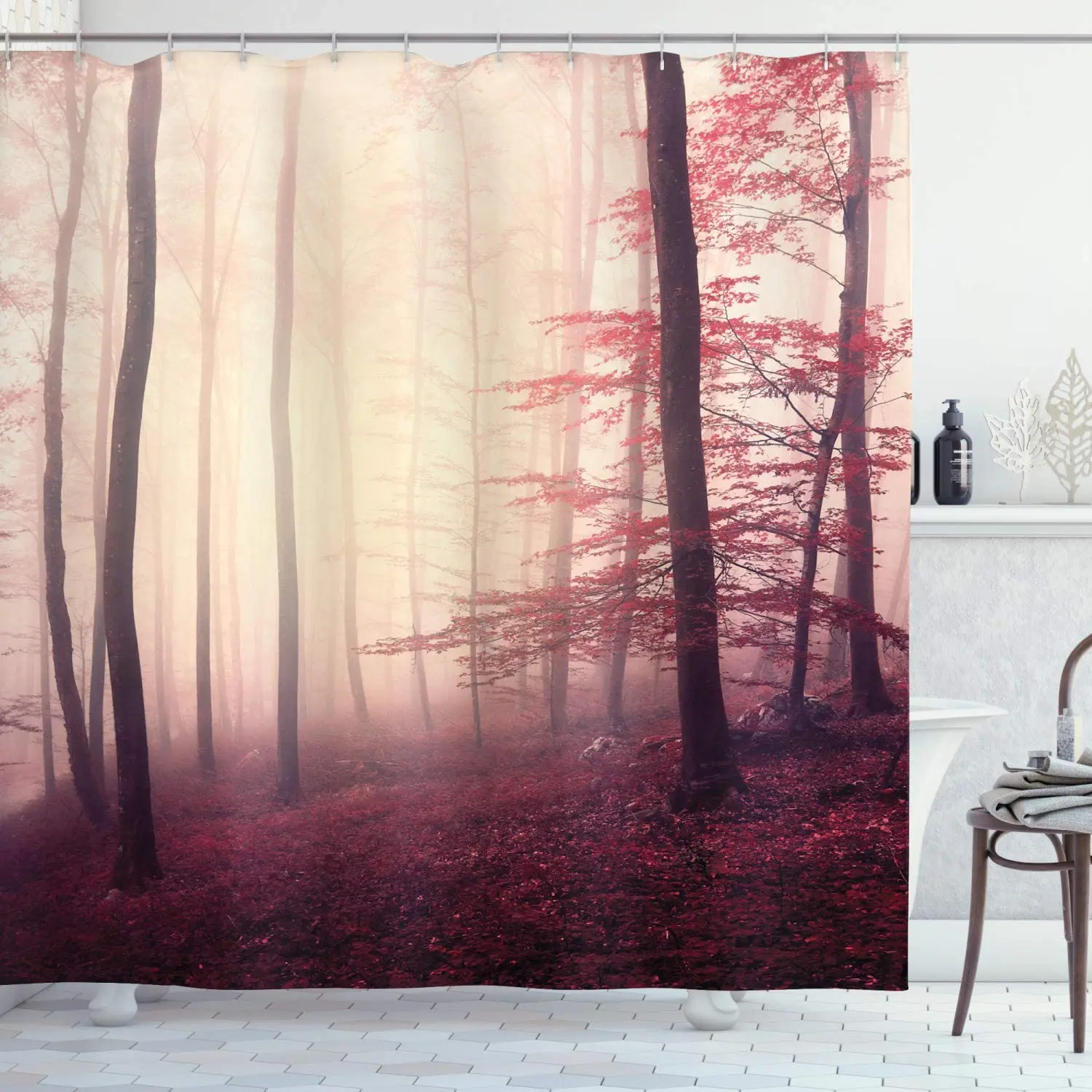 Burgundy Cream Woodland Shower Curtain Fantasy Marsala Color Foggy Forest Jungle Dreamy Wilderness Woods Sunlight