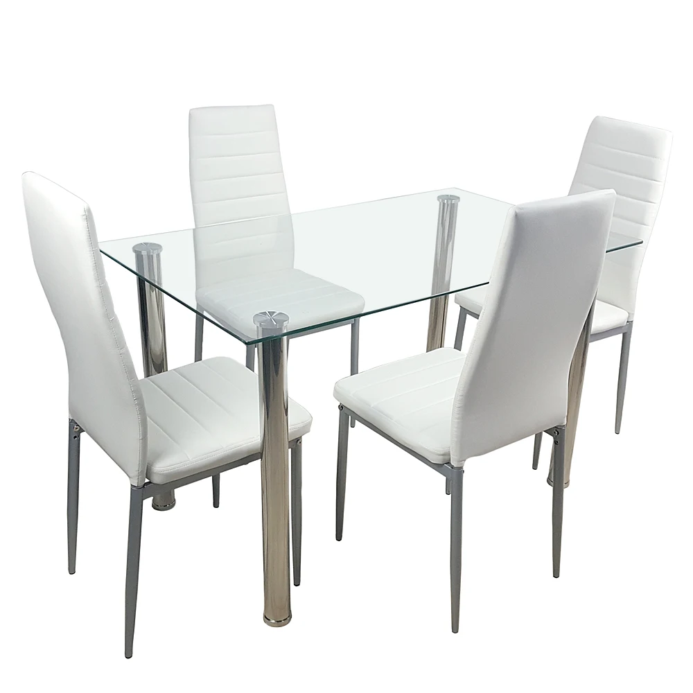 In Stock 110cm Dining Table Set Tempered Glass Dining Table with 4pcs Chairs Transparent & Creamy White Dining table and Chairs