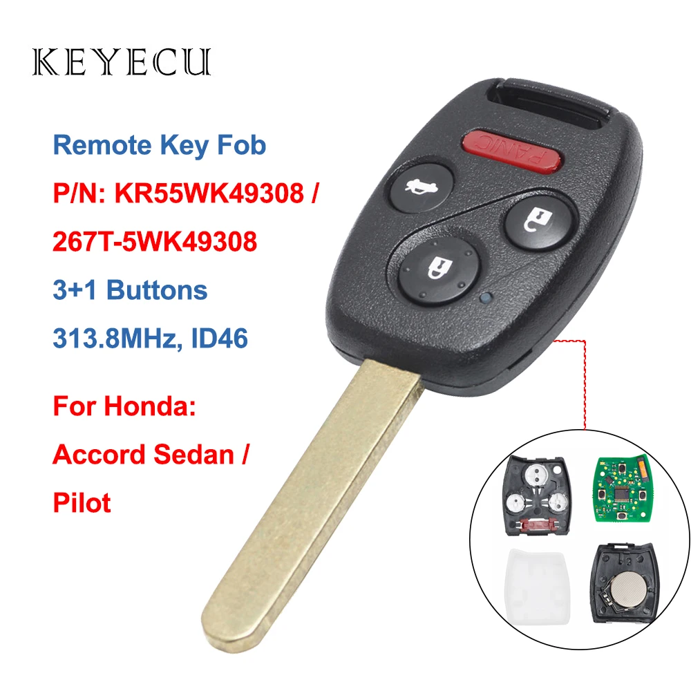 Keyecu 3 + 1 przyciski 313.8MHz Uncut Blade klucz zdalny ID46 układu dla Honda/Accord Pilot 2010 2011 2012 2013 2014 2015 KR55WK49308