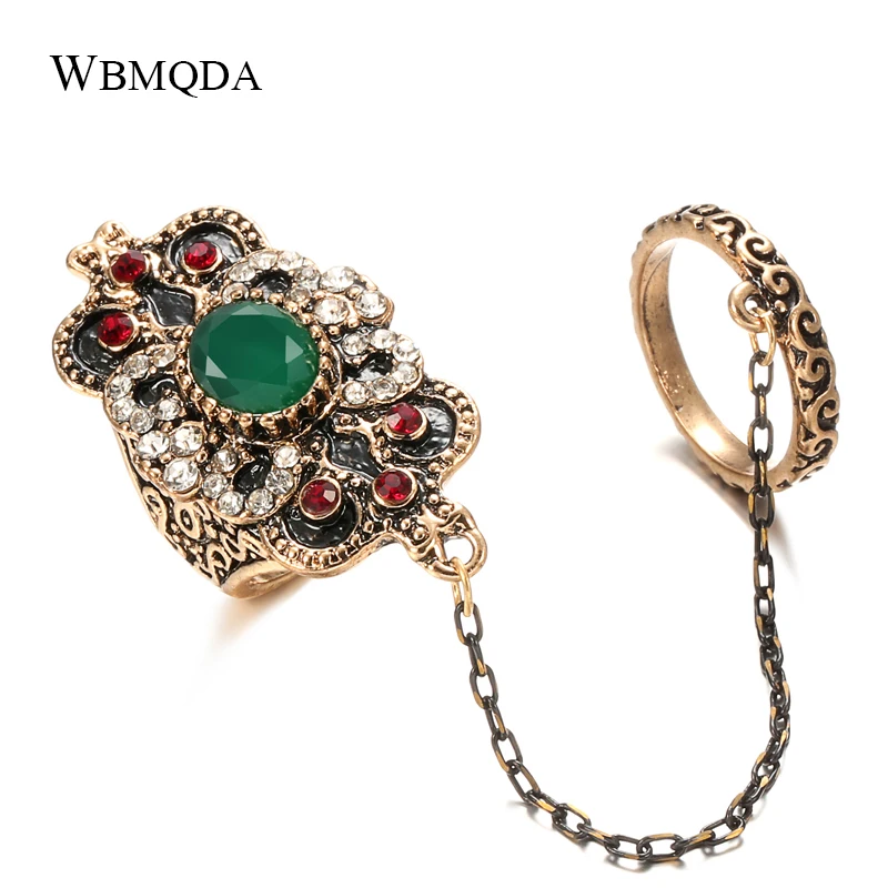 Wbmqda Luxury Boho Big Ring Sets for Women Antique Gold Color Green Stone Crystal Ring Ethnic Bridal Wedding Jewelry Wholesale