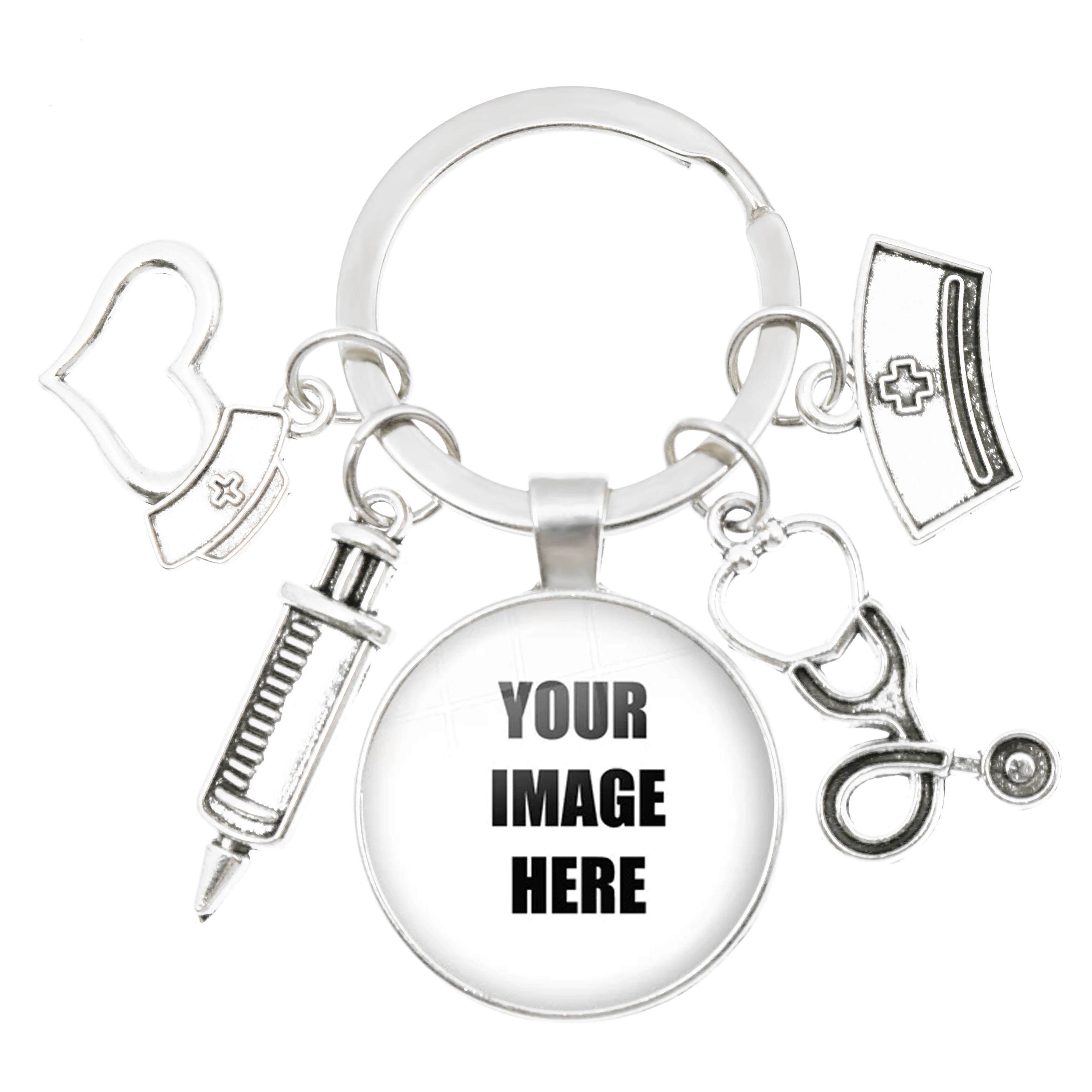 Custom DIY Nurse Medical Syringe Stethoscope Photo Keychain Glass Crystal Pendant Keychain Car Key Ring Gift Souvenir