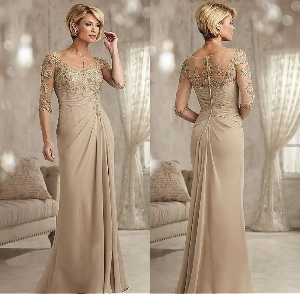 Elegante pizzo con perline Champagne madre della sposa abiti Plus Size Chiffon mezze maniche sposo madre abito da sera per il matrimonio