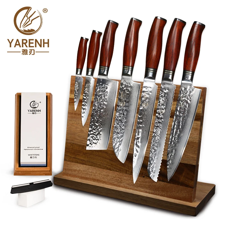 YARENH 7-9 Pcs Chef Knife Set Japanese Damascus Professional Knife Sets - Kitchen Magnetic Knife Holder-Grindstone-Chef\'s Gift