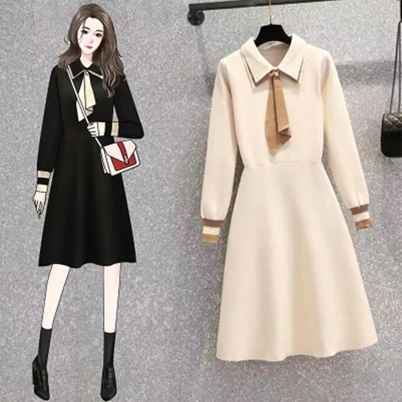 

2021 New Autumn Winter Women Sweater Dresses French Vintage Sweet Long Sleeve Knitted Dresses