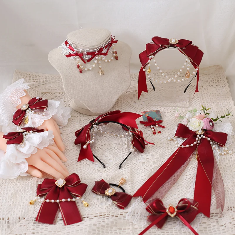 Dark สีแดง Lolita Headband ผม Band Bowknot Handmade สตรอเบอร์รี่หวาน Hairband คลิปด้านข้างลูกไม้ดอกไม้ลูก