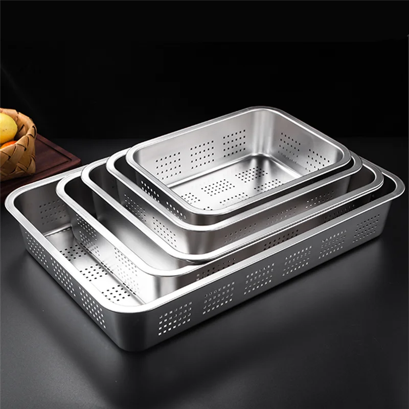 Rectangle Stainless Steel Storage Leak Trays Plate Hole Mesh Strainer Vegetable Fruit Washing Basket Food Pan Water Filter Basin