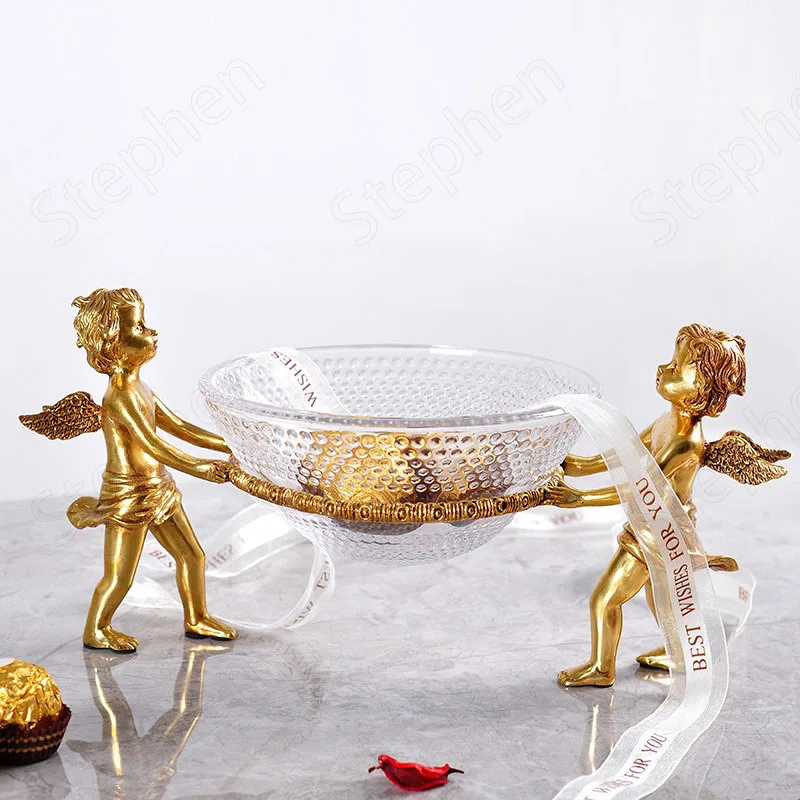 

Pure Brass Angel Crystal Fruit Bowl European Classical Honeycomb Candy Snack Plates Living Room Coffee Table Desktop Ornaments