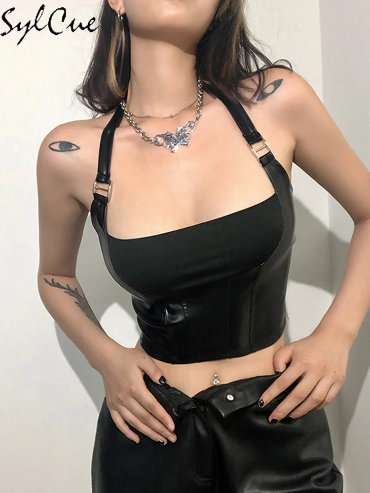 Nibber Hanging Neck Sexy Simple Black Nightclub Matte Charm Hot High Street Shrink Gather Women\'s Navel Short Top Vest