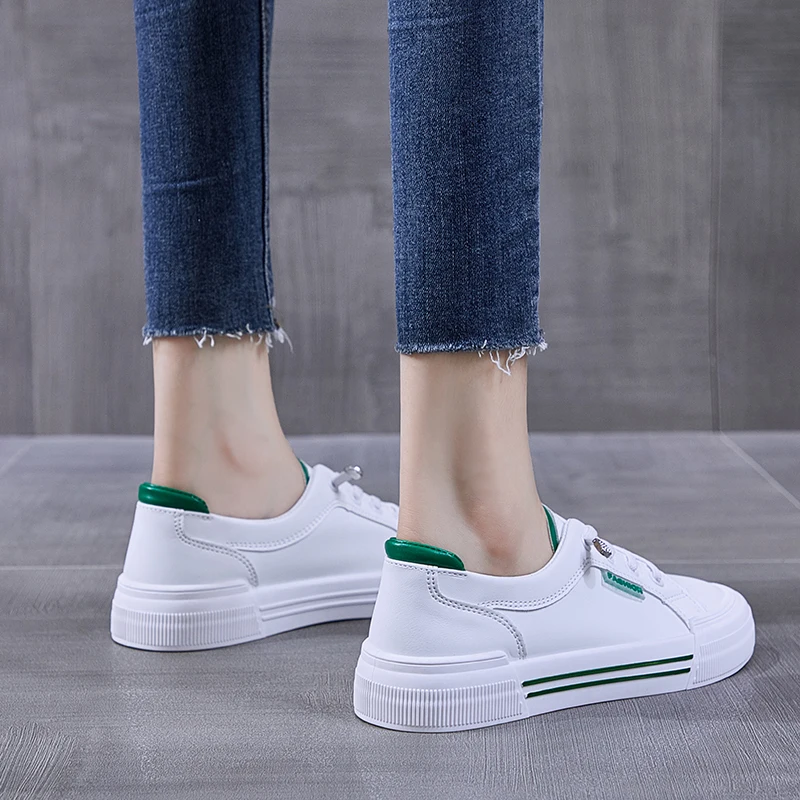 Women Tennis Shoes 2022 Spring Breathable White Leather Lace Up Female Footwear Outdoor Women Sneakers Thick Bottom Platform