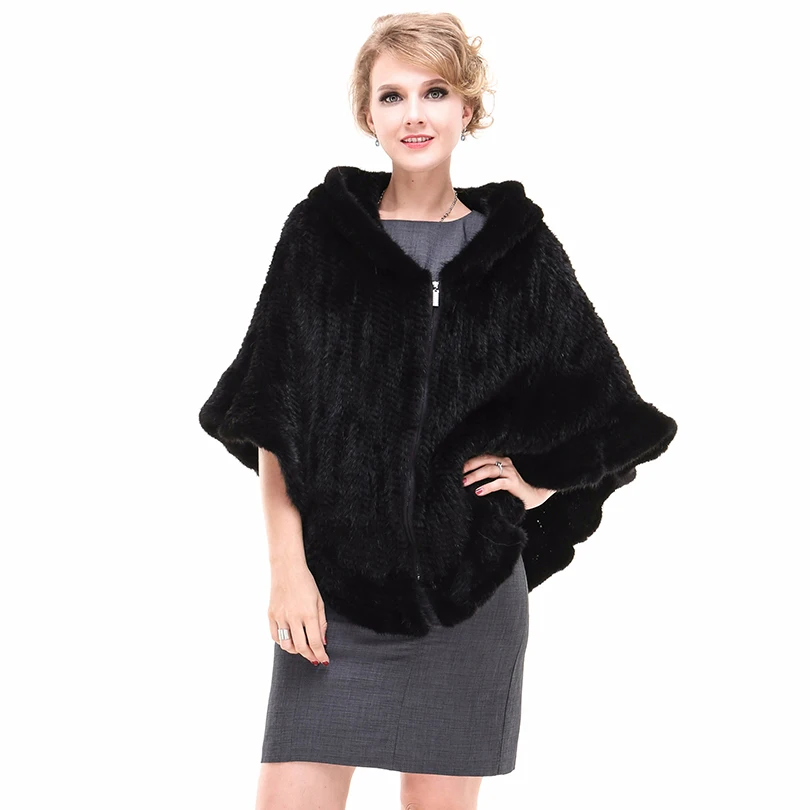 Lady Genuine Knitted Mink Fur Pullover with Hoody Women Wedding Shawl Female Pashmina Wraps LF21010ZGF