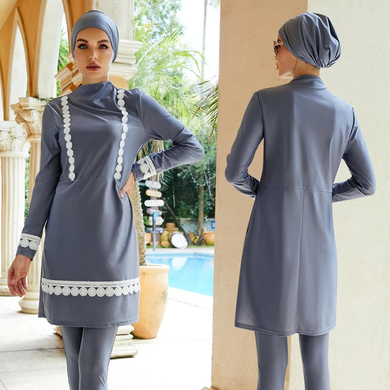 Women Muslim Swimsuit Swimwears Burkini Mujer Moslem Muslem Maillot De Bain Femme Whole Grey Long Sleeve With Scarf Hair Hood