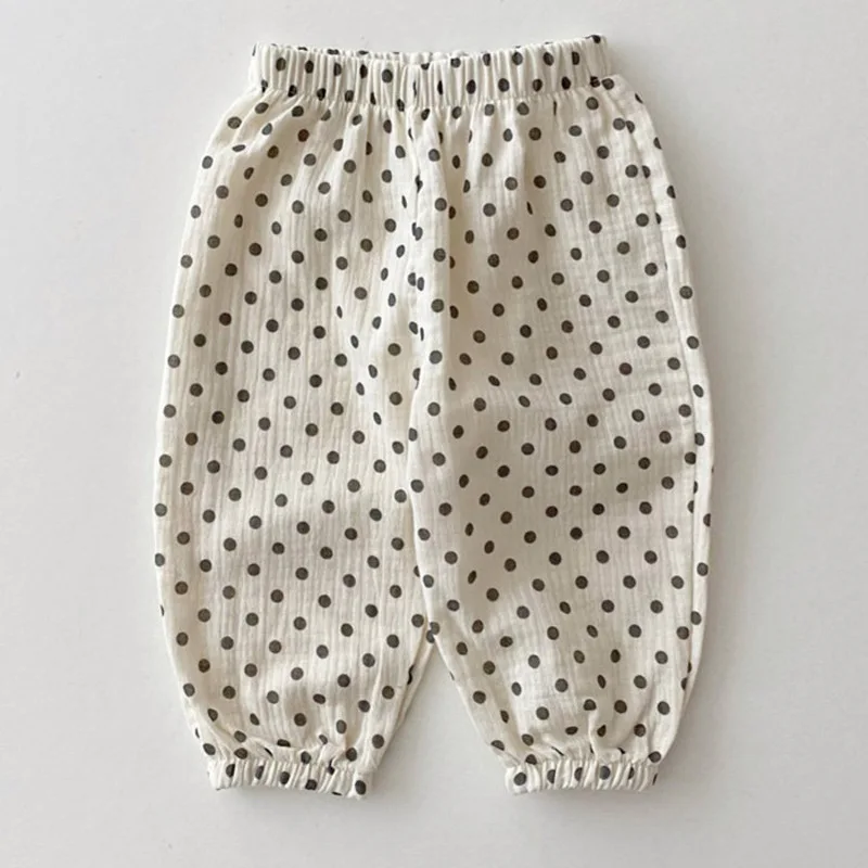 2024 New Summer Girls Linen Pants Baby Sweet Print Dots Apple Trousers Boys Casual Floral Pants Toddler Soft Pants