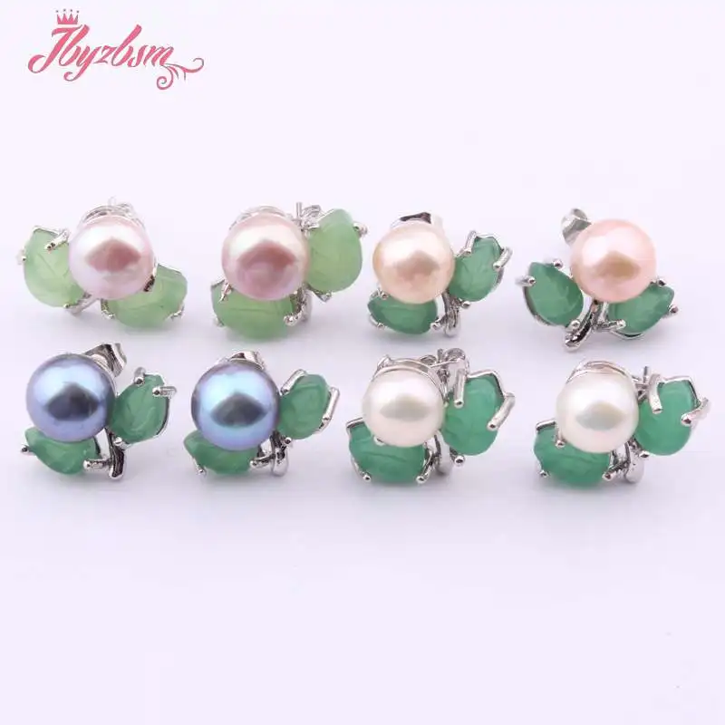 6mm Natural Round Freshwater Pearl Green Jades Stone Beads Tibetan Silver Earrings For Woman Christmas Valentine\'s Gift 1 Pair