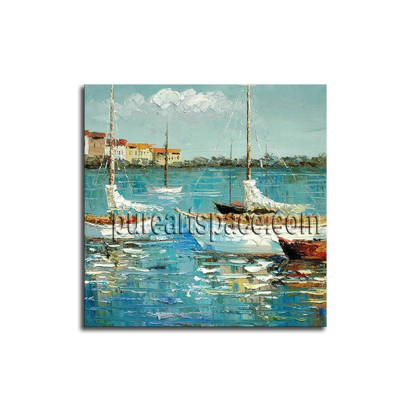 

Hand Paint Palette Knife Oil painting on Canvas Beautiful Mediterranean Scenery With Boat Blue Seascape Venice Paintings Art