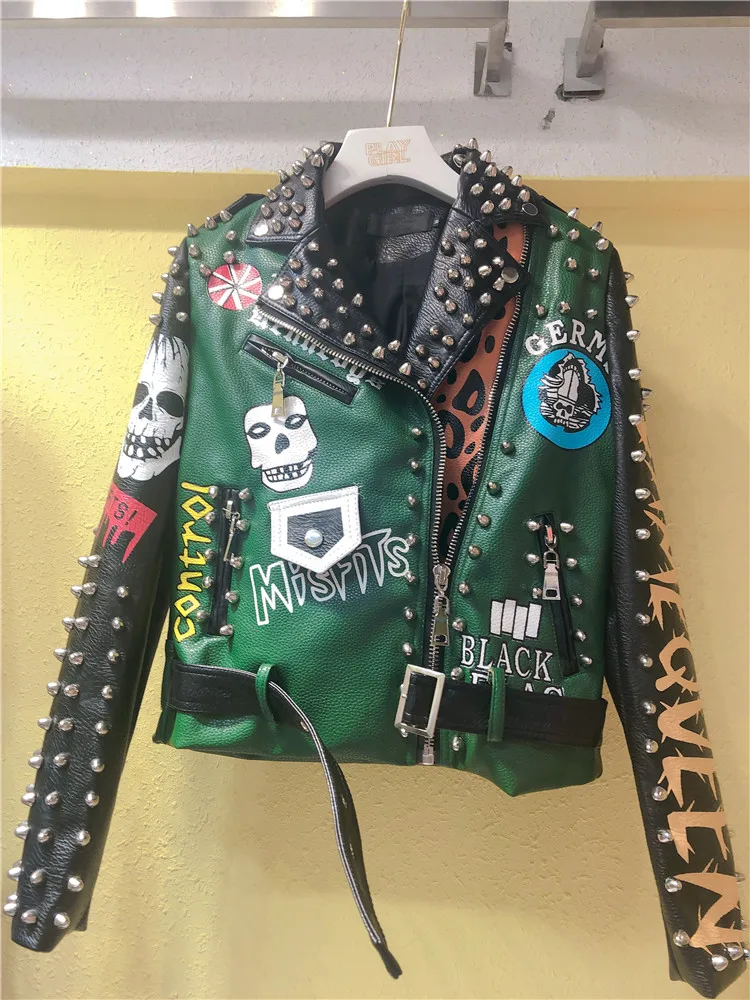 Spring New pu Leather Jacket Female Street Fashion Punk Rivet Graffiti Printing Short Locomotive Jacket For Women y934