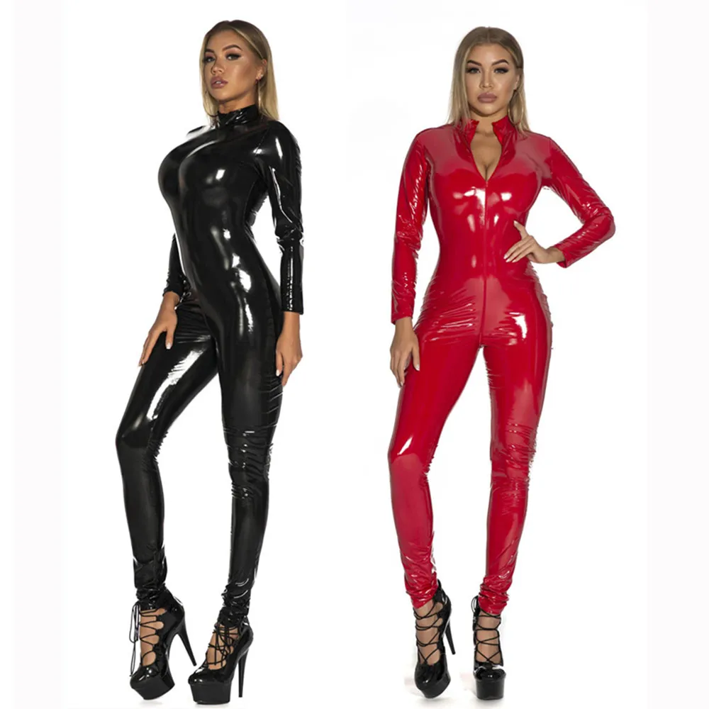 Women Black Red Sexy Shiny Patent Leather PU Zipper Open Crotch Jumpsuit Nightclub Wet Look Bodysuit S-5XL