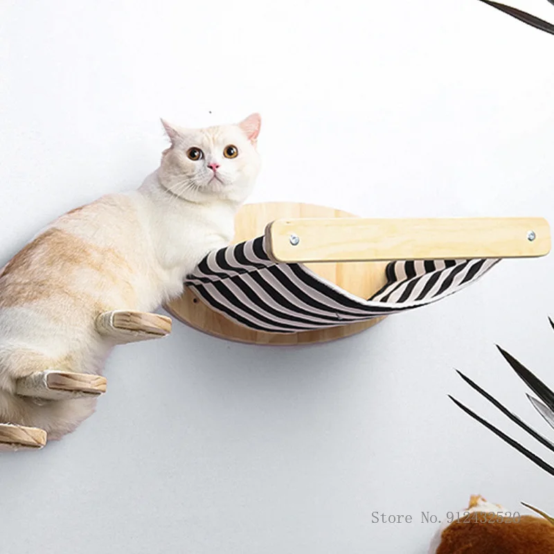 Wall-Mounted Cat Hammock Bed, Pet Furniture, Kitten Wall Shelf, Perch Wooden Scratching Climbing Post, Tree House Toy, 1Pc