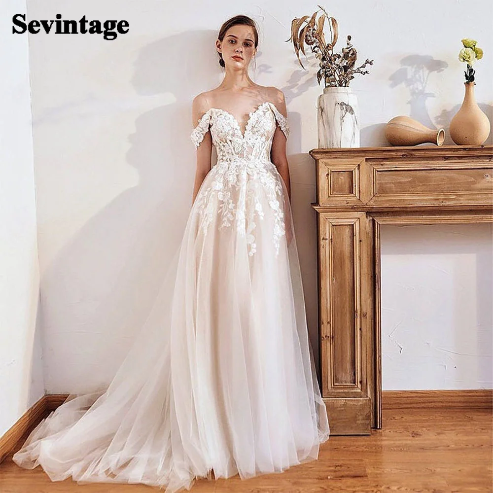 Sevintage  BohoWedding Dresses Sweetheart Off shoulder Open Back LaceAppliques Wedding Gown A-Line Princess Vintage Bridal Dress