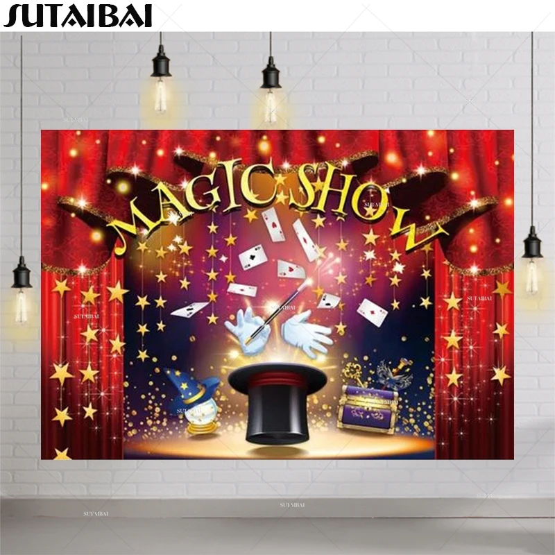 Carnival Theme Happy Birthday Party Magic Show Curtain Background Baby Shower Kids Gold Stars Poker Decor Photography Backdrop