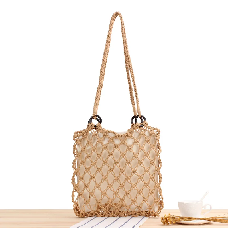 

33x30CM New Solid Color Wooden Ring Hollow Cotton Rope Woven Bag Natural Style Handmade Net Bag Holiday Beach Straw Bag a7157